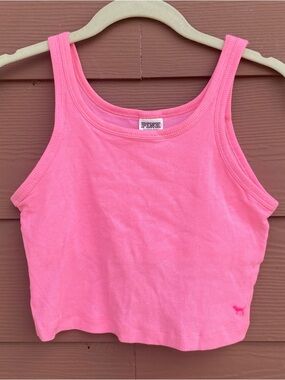 Pink Victoria’s Secret Hot Pink Cropped Tank Top Built In Bra Size Small